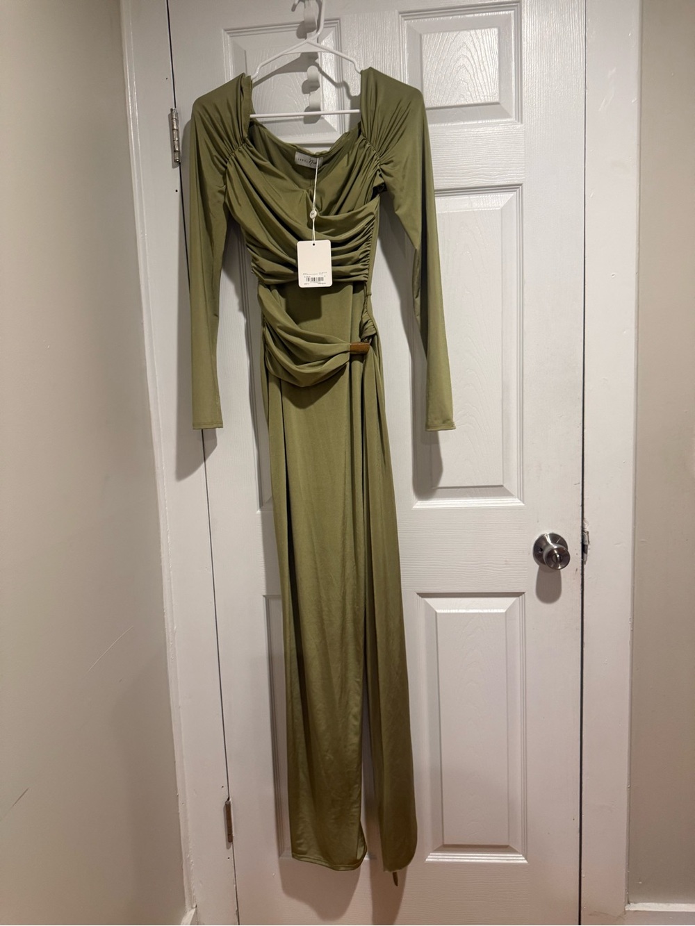 Olive Green Ruched Long Sleeve Maxi Dress with Draped Waist